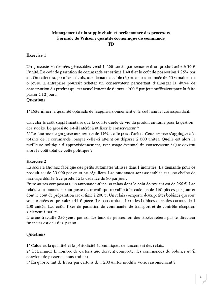 TD 2 Formule de Wilson | PDF | Inventaire | Facture