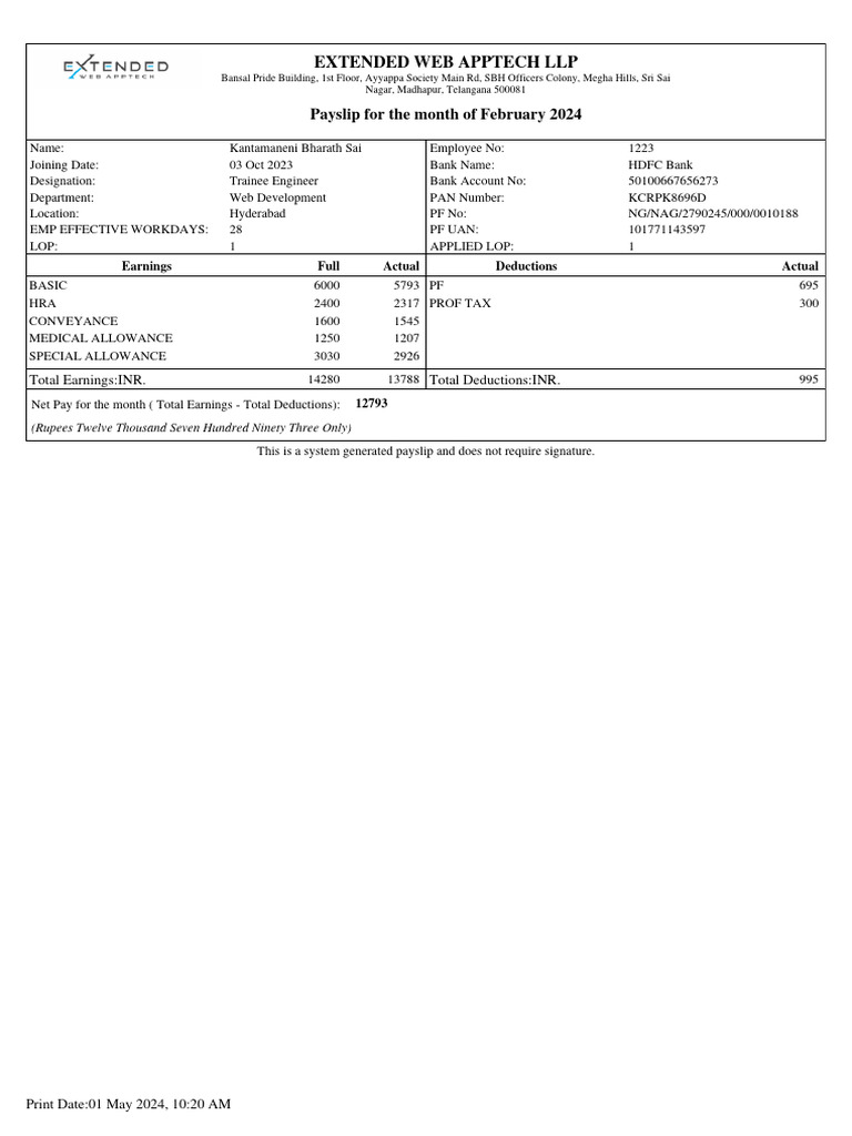 Payslip Feb 2024 PDF Employment Compensation Expense