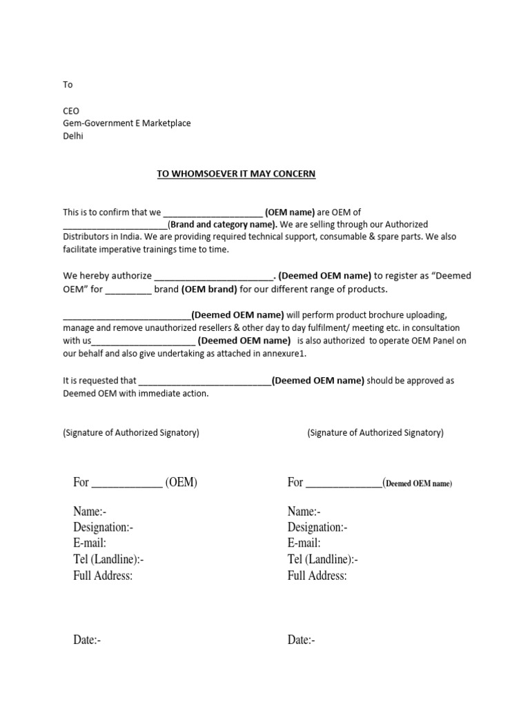 Deemed OEM Authorization for GeM | PDF | Business
