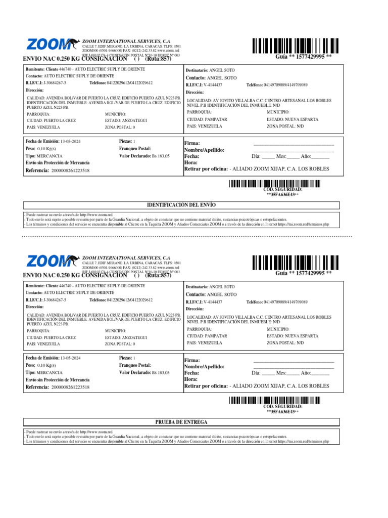 Envío Nacional ZOOM: Detalles y Seguimiento | PDF | Telecomunicaciones