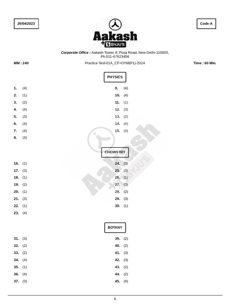 Aakash PT 1 Answer Key 2024 | PDF