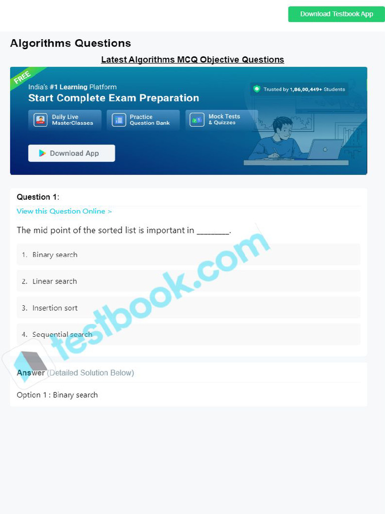 MCQ On Algorithms 5eea6a0c39140f30f369e0be | PDF
