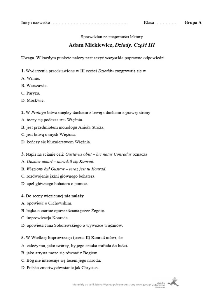 Dziady Cz 2 Test Podsumowujący Test Dziady III A-2 | PDF