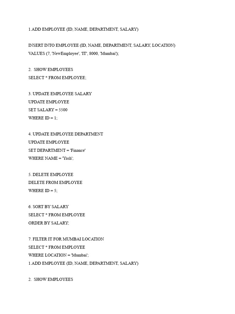 Employee Management SQL Commands | PDF | Career & Growth | Business