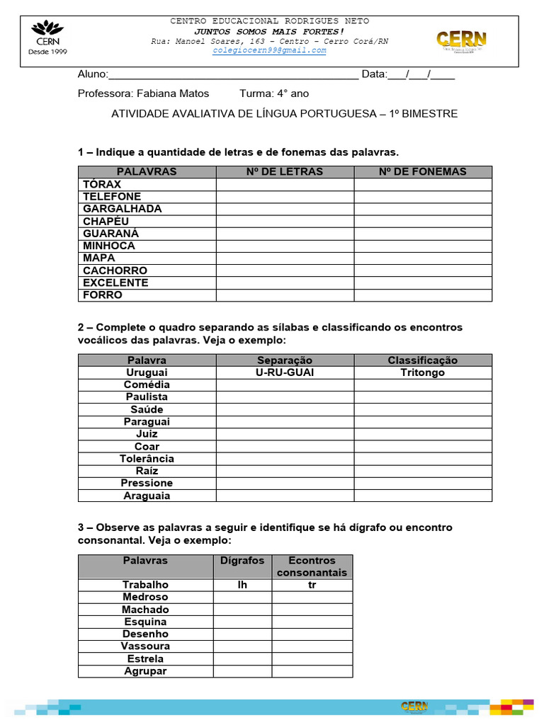 Prova Português 4 Ano - 1 Bimestre | PDF | Sílaba | Estresse (Linguística)