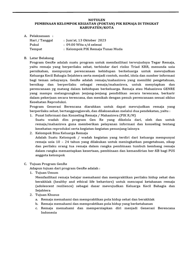 Notulen Pembinaan PIK Remaja 2023 | PDF