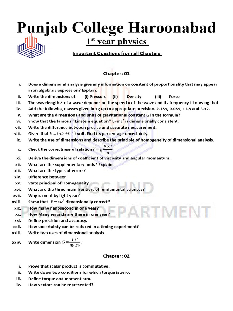 1st Year Physics Important Questions | PDF | Waves | Force
