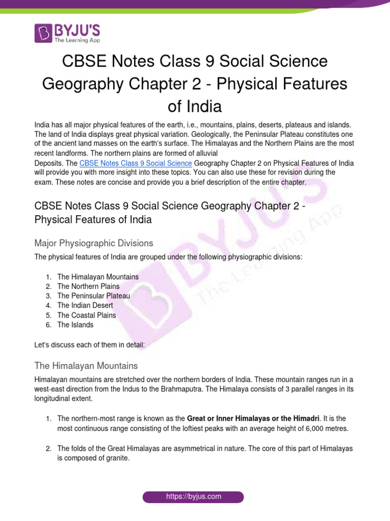 CBSE Notes Class 9 Social Science Geography Chapter 2 Physical Features ...
