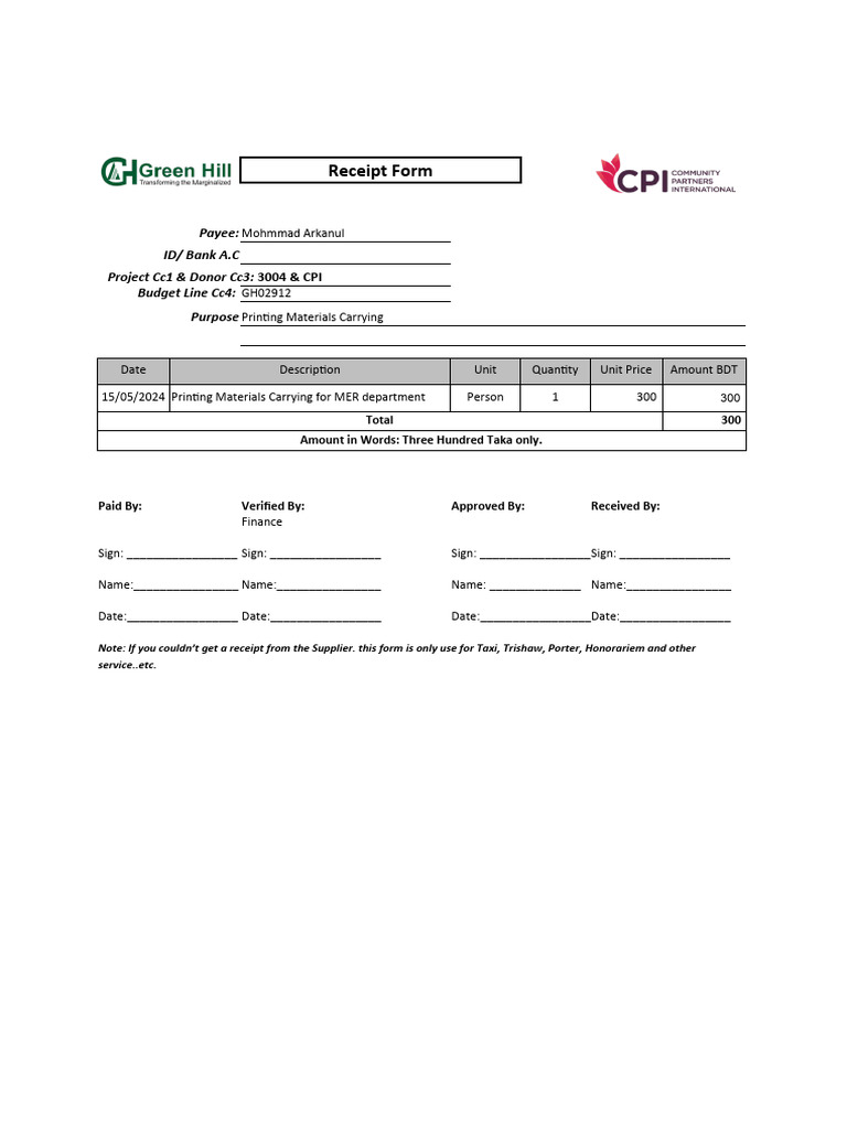 Receipt Form | PDF