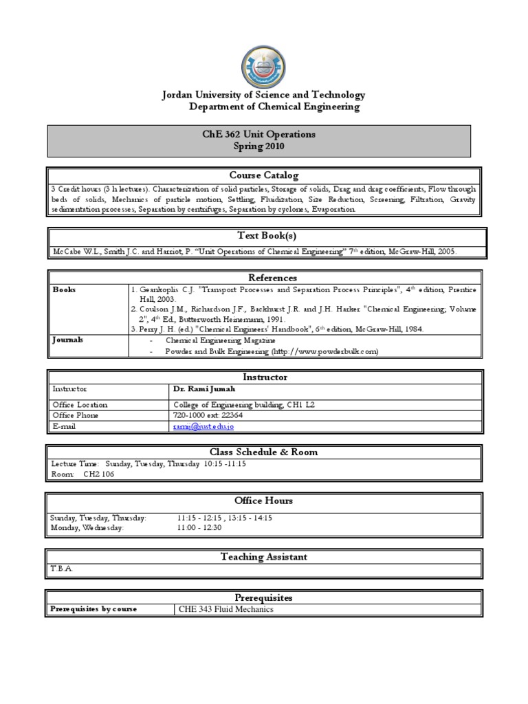 ABET Course Syllabus ChE 362 Unit Operations | PDF | Chemical ...