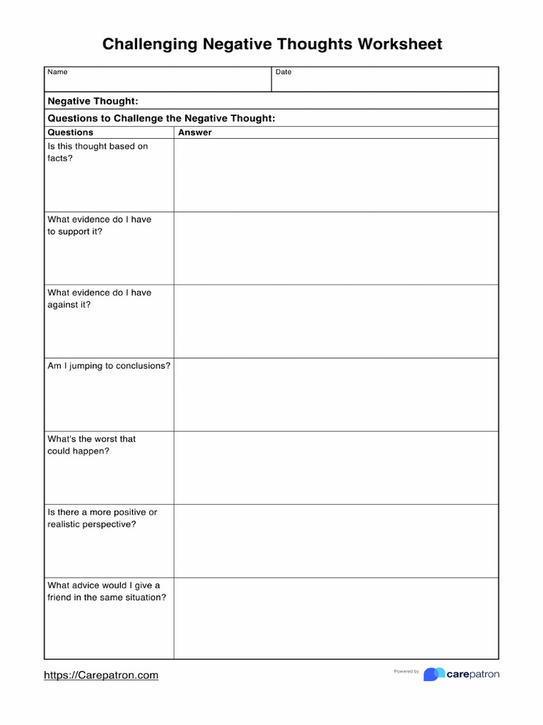 Challenging Negative Thoughts Worksheet Template PDF