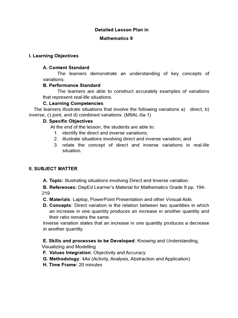 Mathematics 9: Direct & Inverse Variation Lesson Plan | PDF | Variable ...