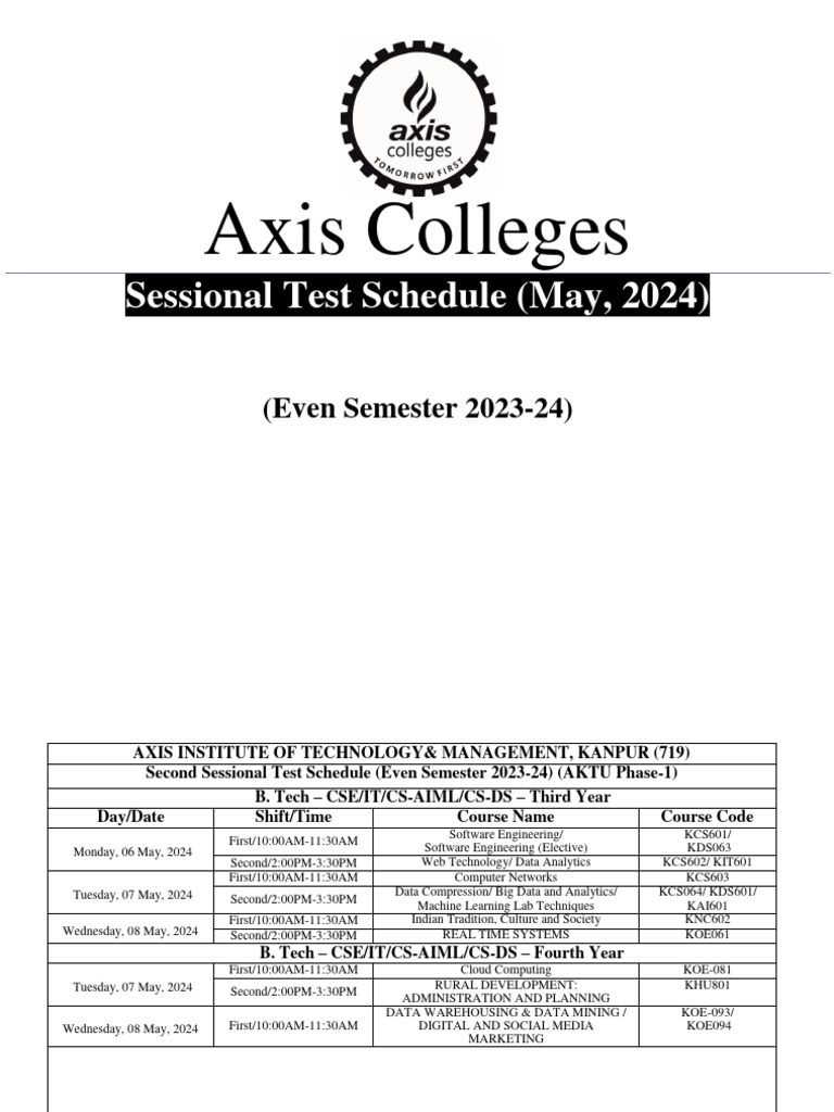 Axis College Sessional Test Schedule 2024 | PDF | Textiles | Engineering