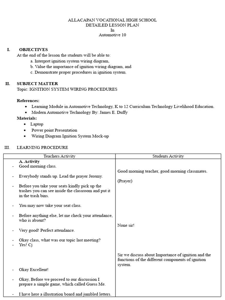 Ignition System Wiring Lesson Plan | PDF | Ignition System | Internal ...