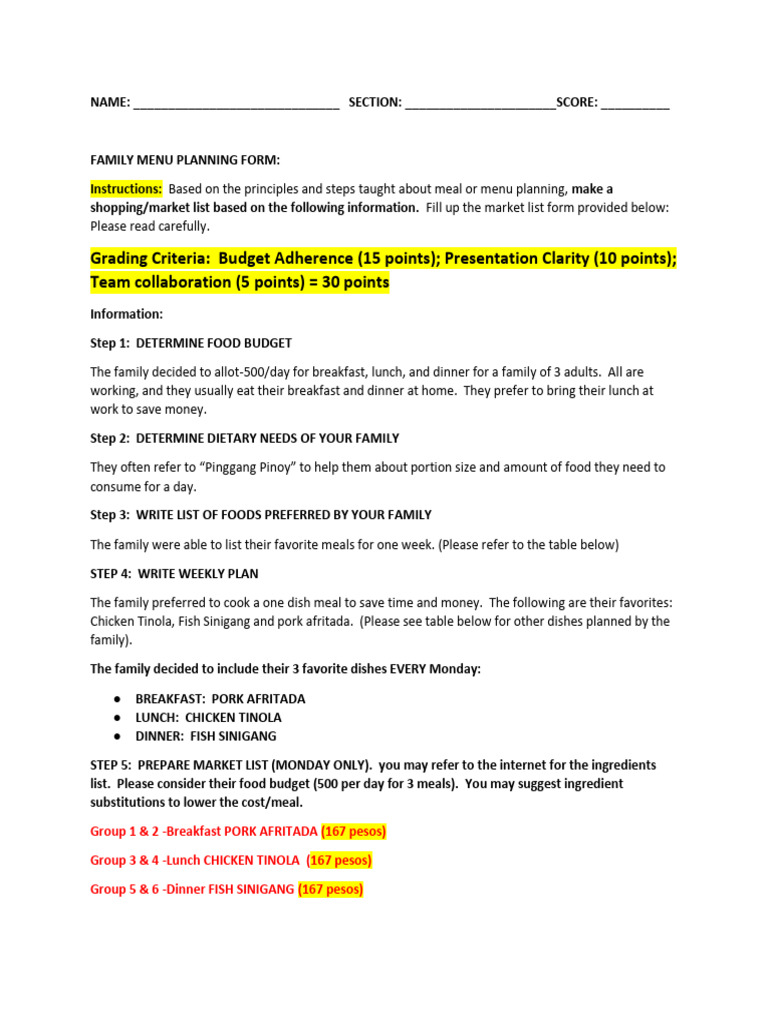 Meal Planning Exercise Final 1 1 | PDF | Meal | Salad