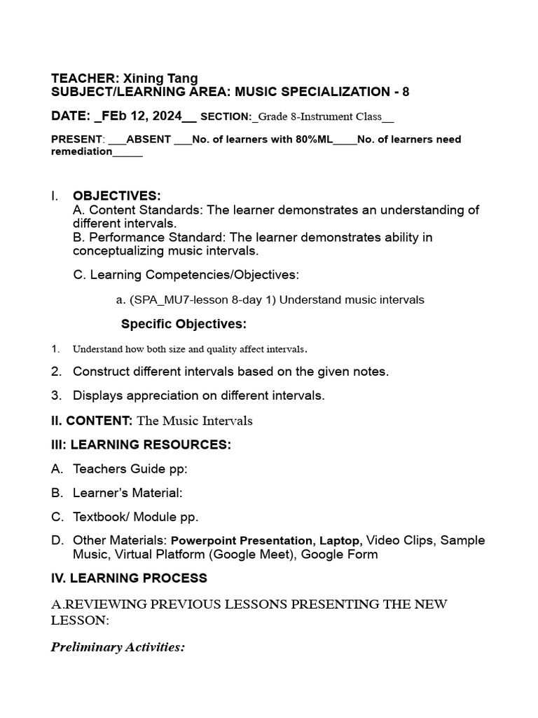 Lesson Plan-Interval-Grade 8 | PDF | Learning | Teachers
