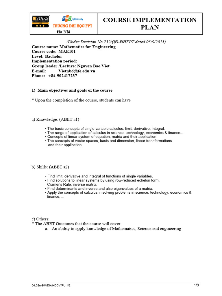 Course Plan for Mathematics MAE101 | PDF | Matrix (Mathematics) | Integral