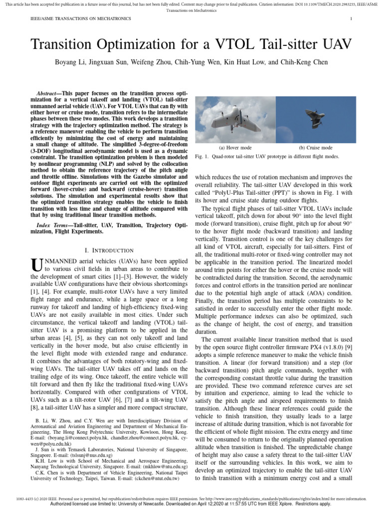 Vtol Tail Sitter Uav Transition Optimization Pdf Flight Takeoff 