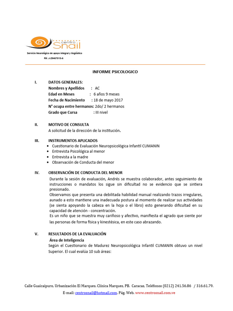 Informe Psicologico Modelo 3 | PDF | Las emociones | Cognición
