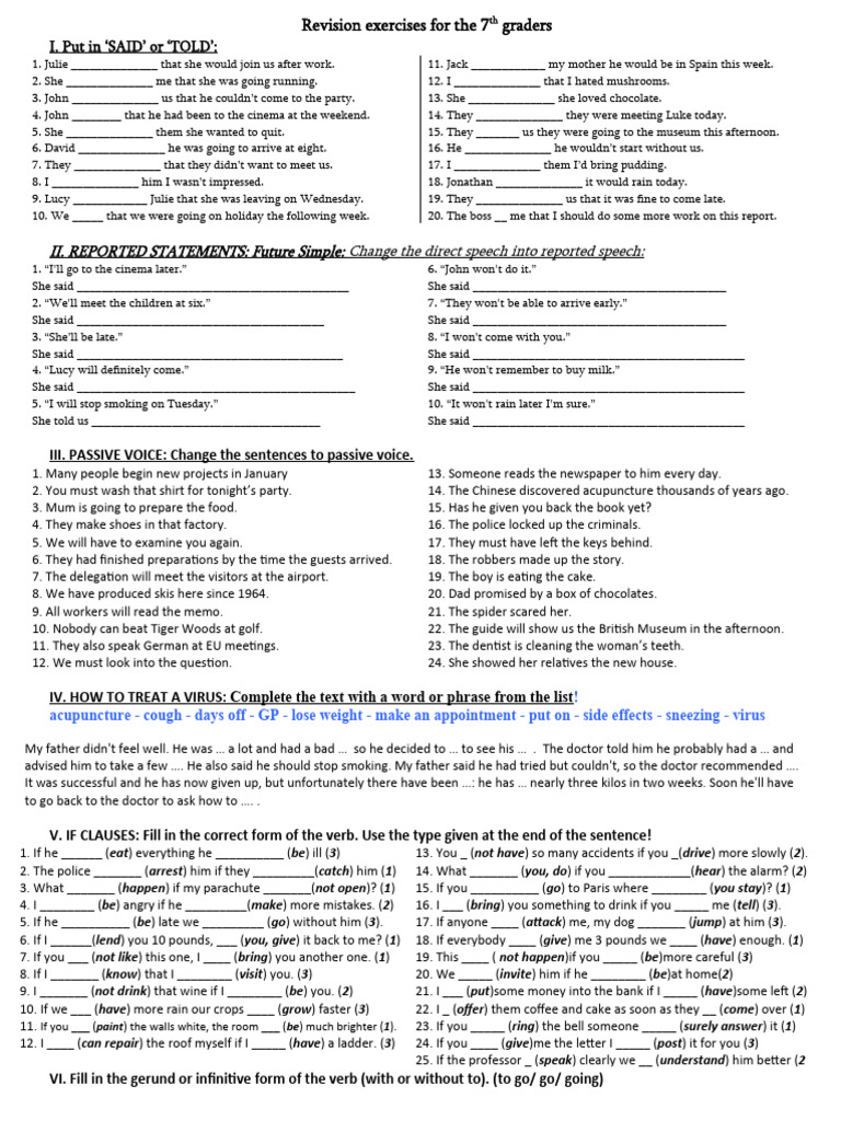 Revision Exercises For The 7th Graders | PDF