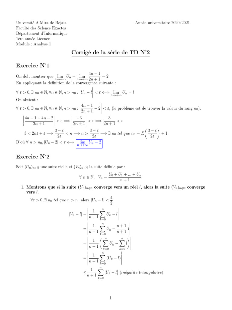 Corrigé TD Analyse 1 - Université Bejaia | PDF | Analyse mathématique ...