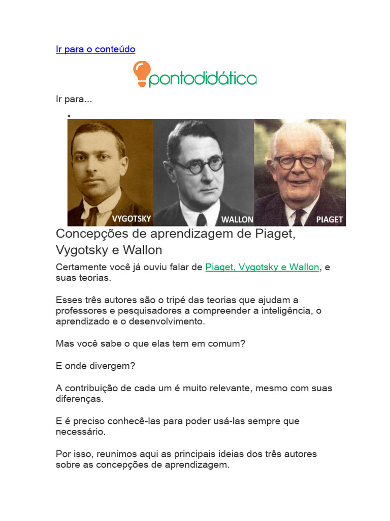 Teorias de Aprendizagem: Piaget, Vygotsky e Wallon | PDF | Aprendizado ...