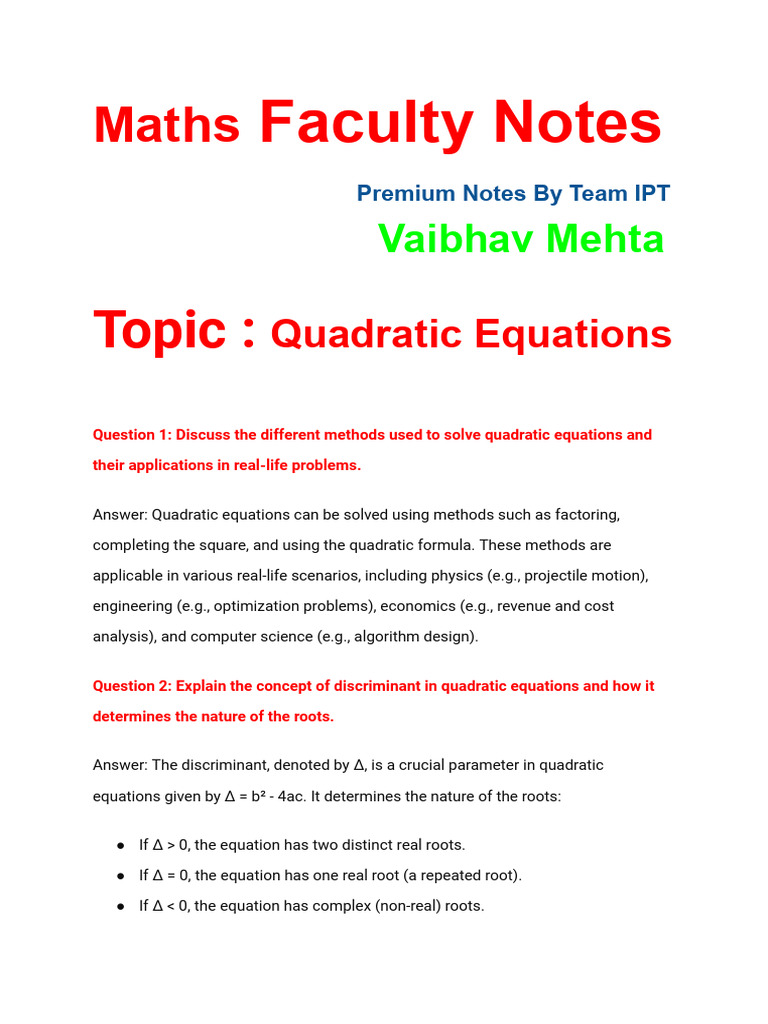 Quadratic Equations: Methods & Applications | PDF | Quadratic Equation ...