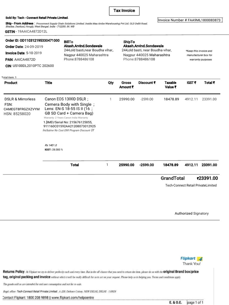 Customer Invoice for Camera Purchase | PDF