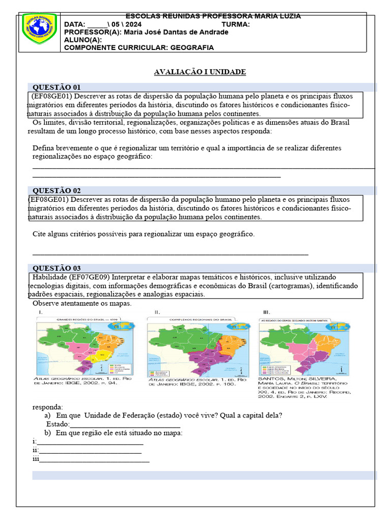 Prova de Geografia 7º Ano - 2024 | PDF | Brasil