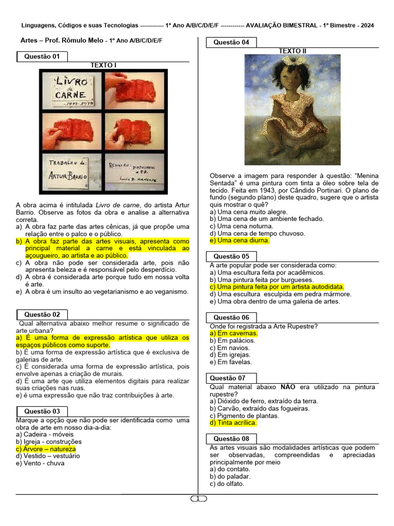 Avaliação de Artes - 1º Bimestre 2024 | PDF | Pinturas | As artes