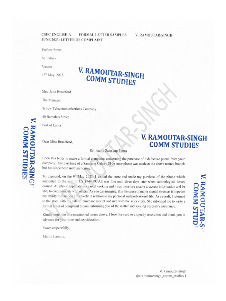Csec eng a formal letter sample v ramoutar singh pdf