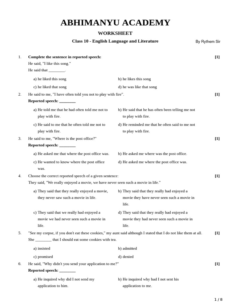 Reported Speech Grammar Worksheet Class-10th GSEB | PDF | Question