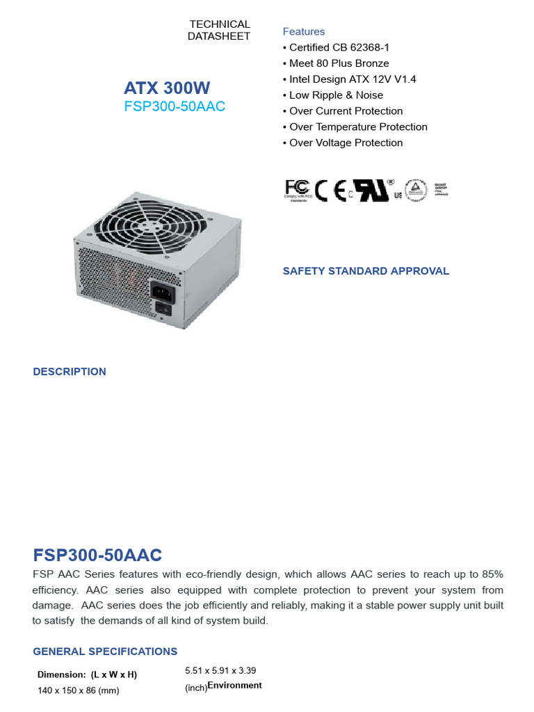 FSP300-50AAC 300W Power Supply Datasheet | PDF | Manufactured Goods | Power  (Physics)