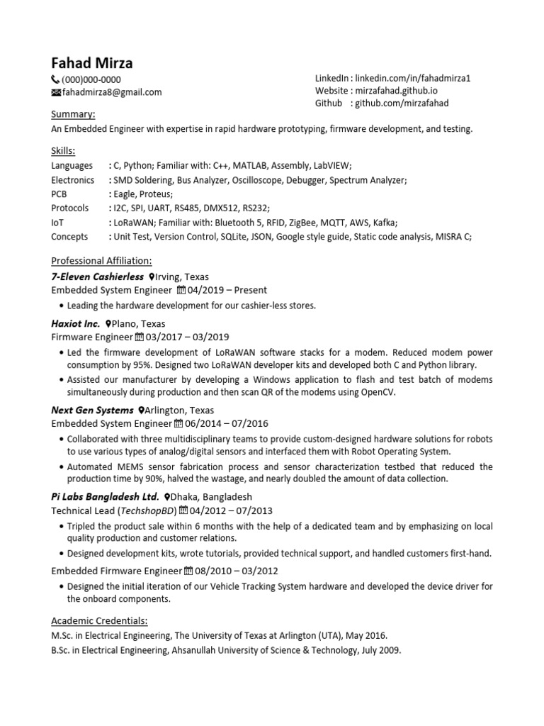 Resume FahadMirza | PDF | Embedded System | Modem