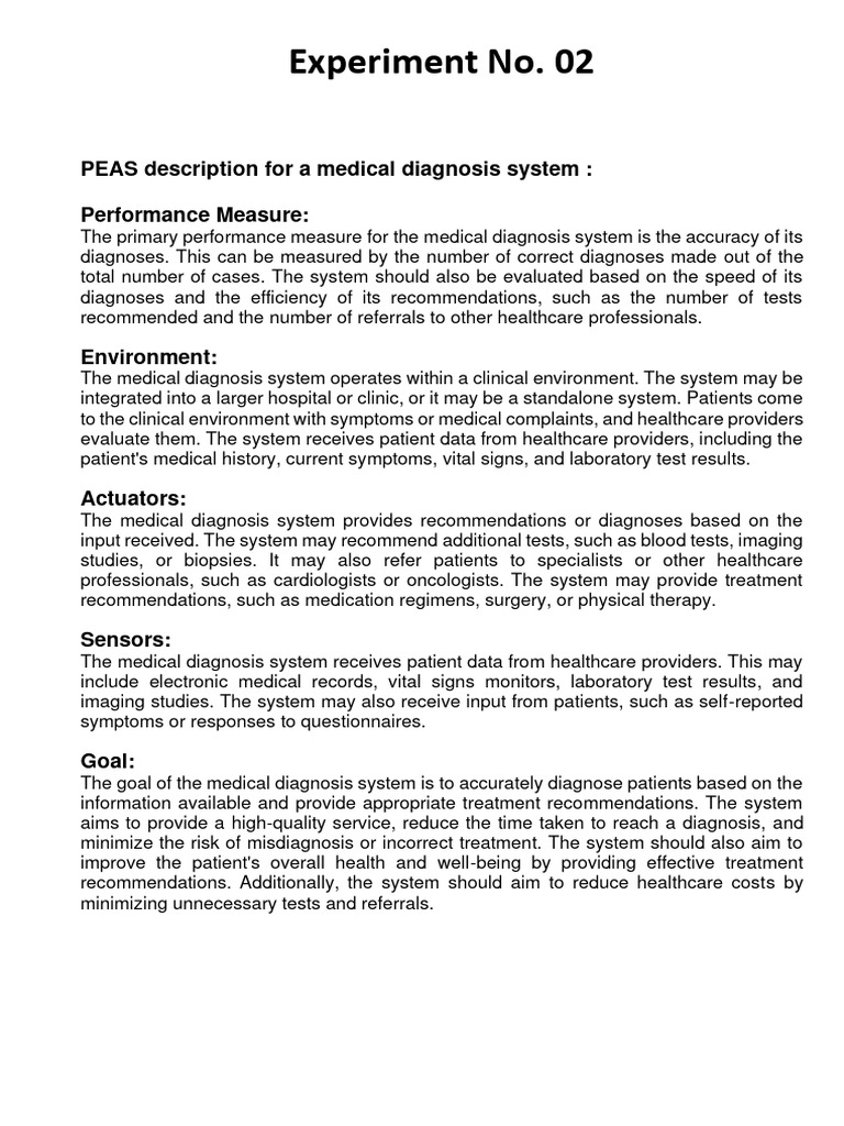 Experiment No. 02: PEAS Description For A Medical Diagnosis System ...