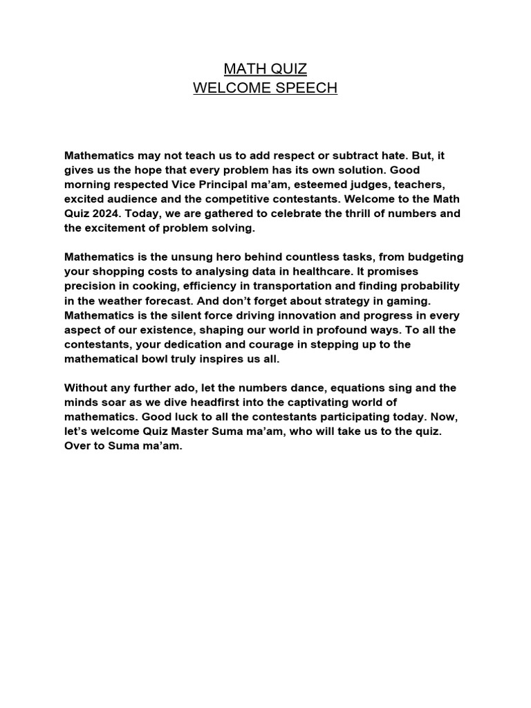 Math Quiz - Welcome Speech | PDF