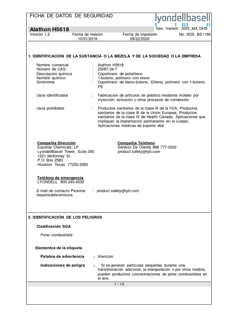 Ficha de Seguridad Alathon H5618 | PDF | Polvo | Combustión