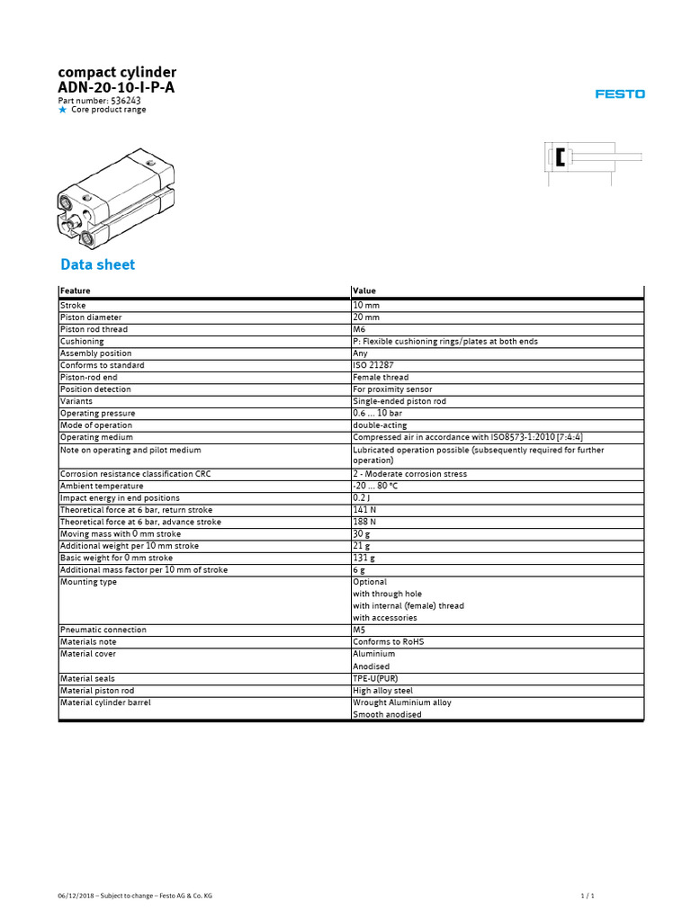Compact Cylinder ADN-20-10-I-P-A: Data Sheet | PDF | Piston ...