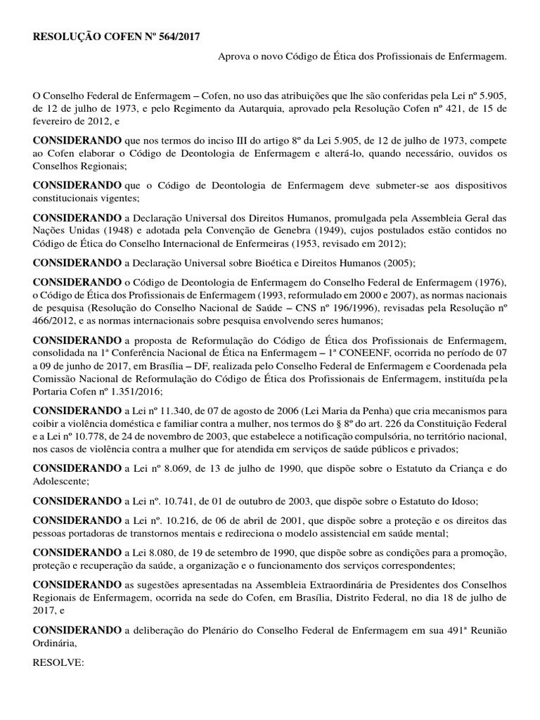 Resolução Cofen Nº 564 - 2017 - Novo Código de Ética de Enfermagem ...