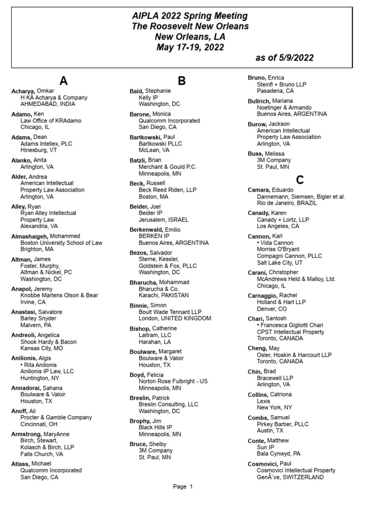 AIPLA 2022 Spring Meeting Attendee List | PDF