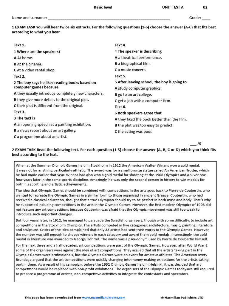 Unit Test 2A Basic Level | PDF | Olympic Games