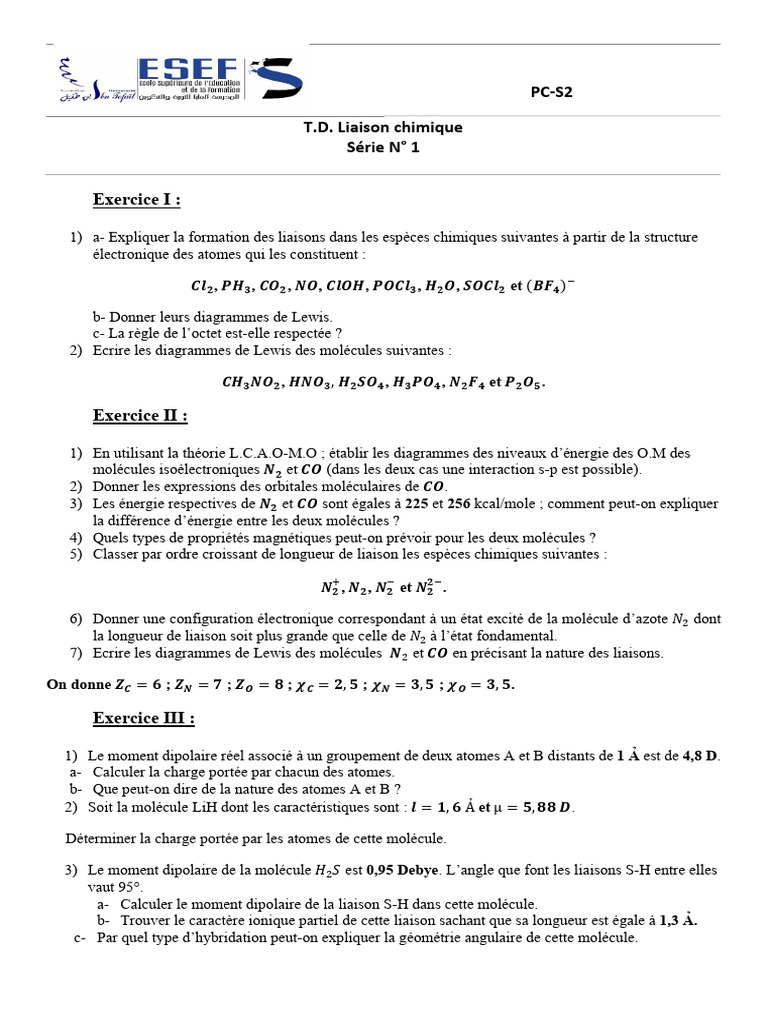 Exercices sur le moment dipolaire et liaisons | PDF | Liaison chimique ...