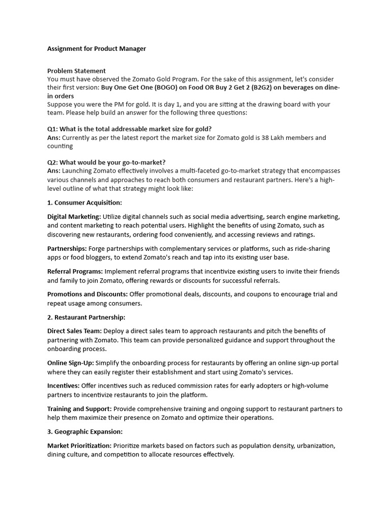 Zomato Gold Program: PM Assignment Guide | PDF | Brand | Marketing