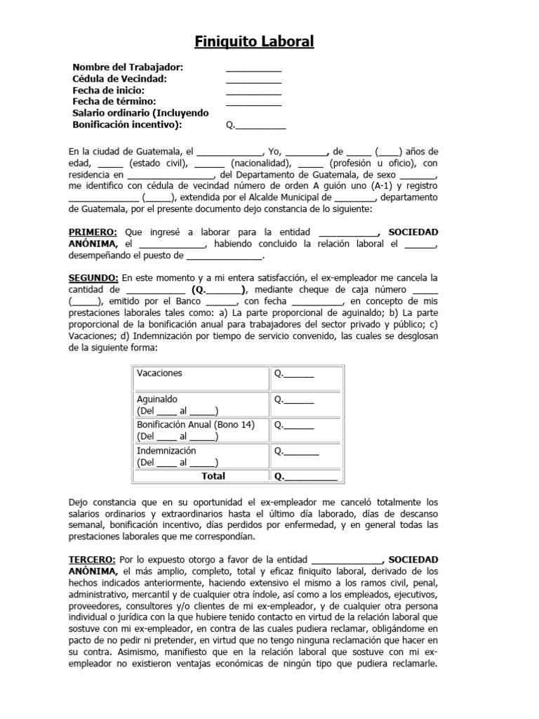 Formato de Finiquito Laboral en Guatemala | PDF | Finanzas y dinero