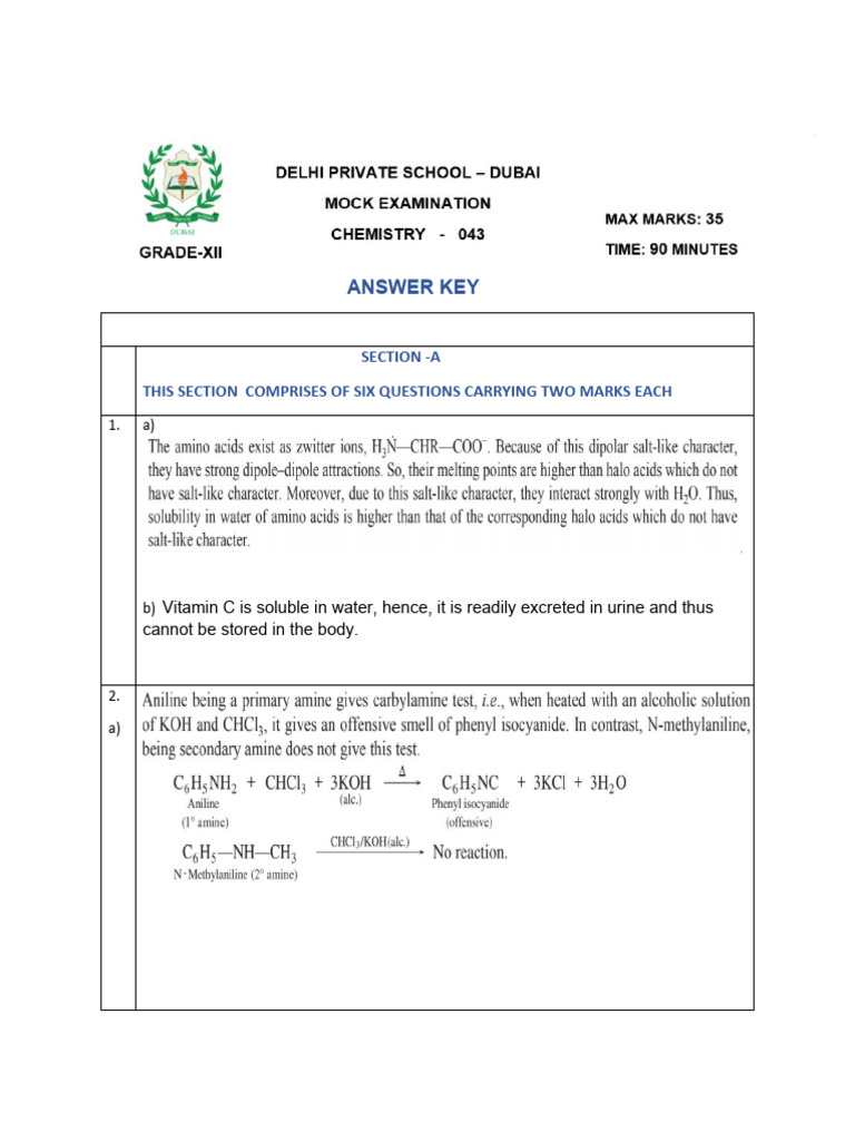 Chemistry Exam Answer Key Overview | PDF | Amine | Chemical Bond