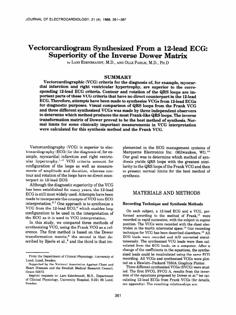 Inverse Dower Matrix for VCG Synthesis | PDF | Electrocardiography ...