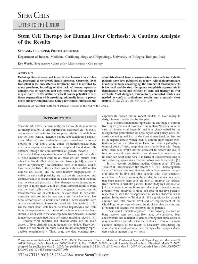 STEM CELLS - 2009 - Lorenzini - Stem Cell Therapy For Human Liver ...