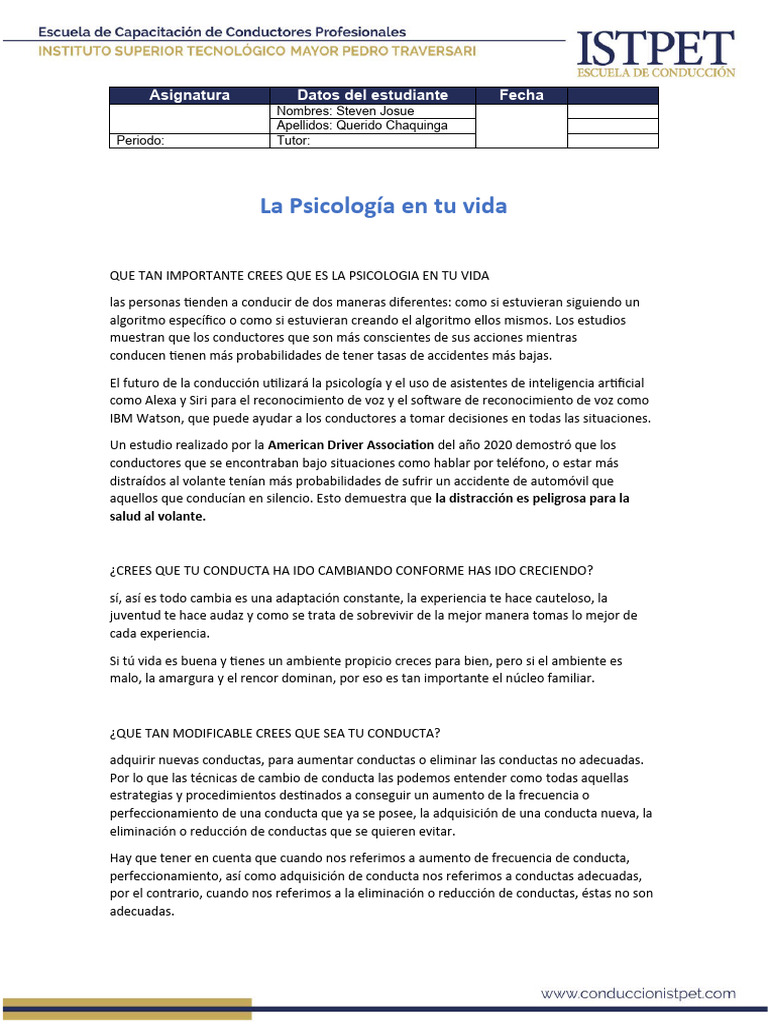 Importancia de la Psicología en la Conducción | PDF | Comportamiento ...