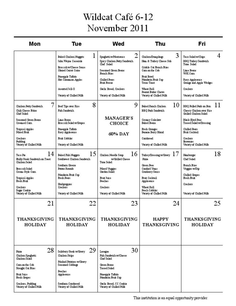 Weekly School Lunch Menu November | PDF | Cuisine | Fast Food
