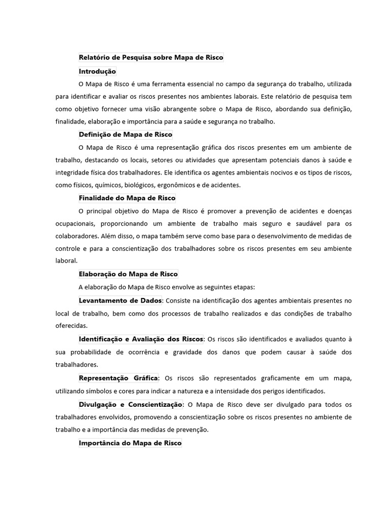 Relatório de Pesquisa sobre Mapa de Risco | PDF | Segurança e saúde ...